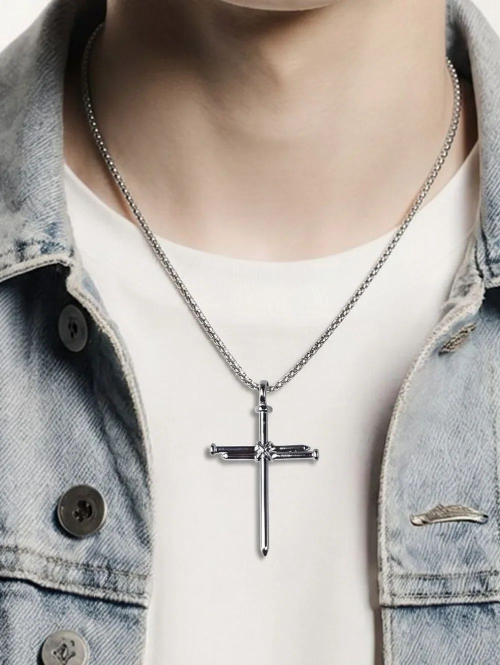 Silver Three Nails Cross Pendant Necklace 22” Chain | Christian Faith Jewelry
